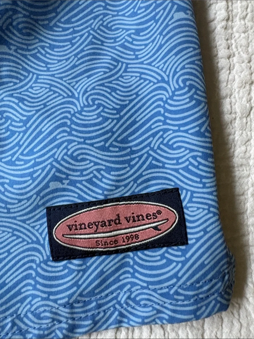 Vineyard Vines Light Blue Wave-Print Swim Trunks